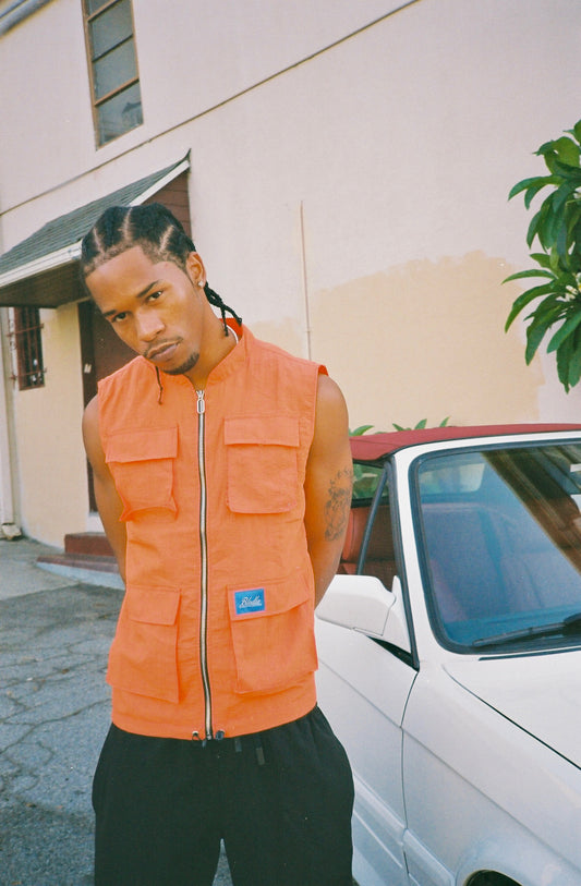 bledla-bled-nylon vest-utility vest-technical vest-techwear-orange vest-orange cargo vest-bled clothing-bmw e30-streetwear-cargo pocket vest