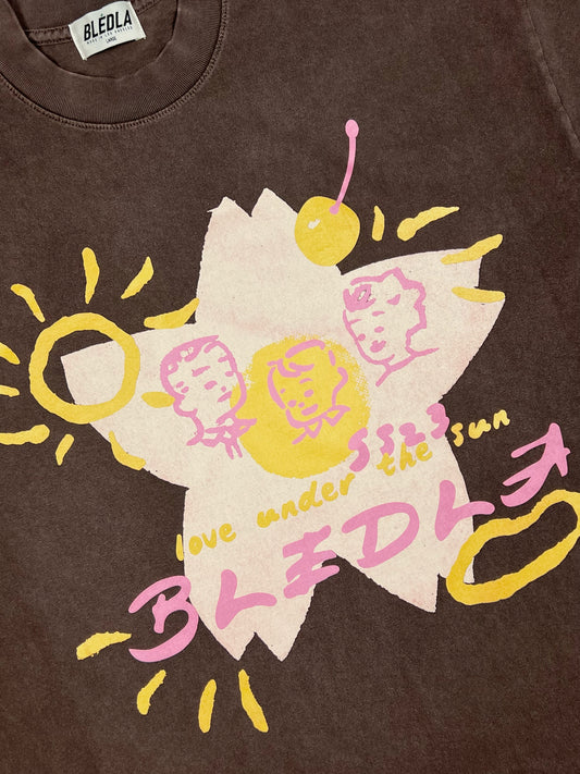 Bledla-bled-love under the sun-vintage graphic tee-vintage shirt-bled tee-vintage sun dye shirt-dark brown shirt-streetwear-bledla clothing-screen printed shirt