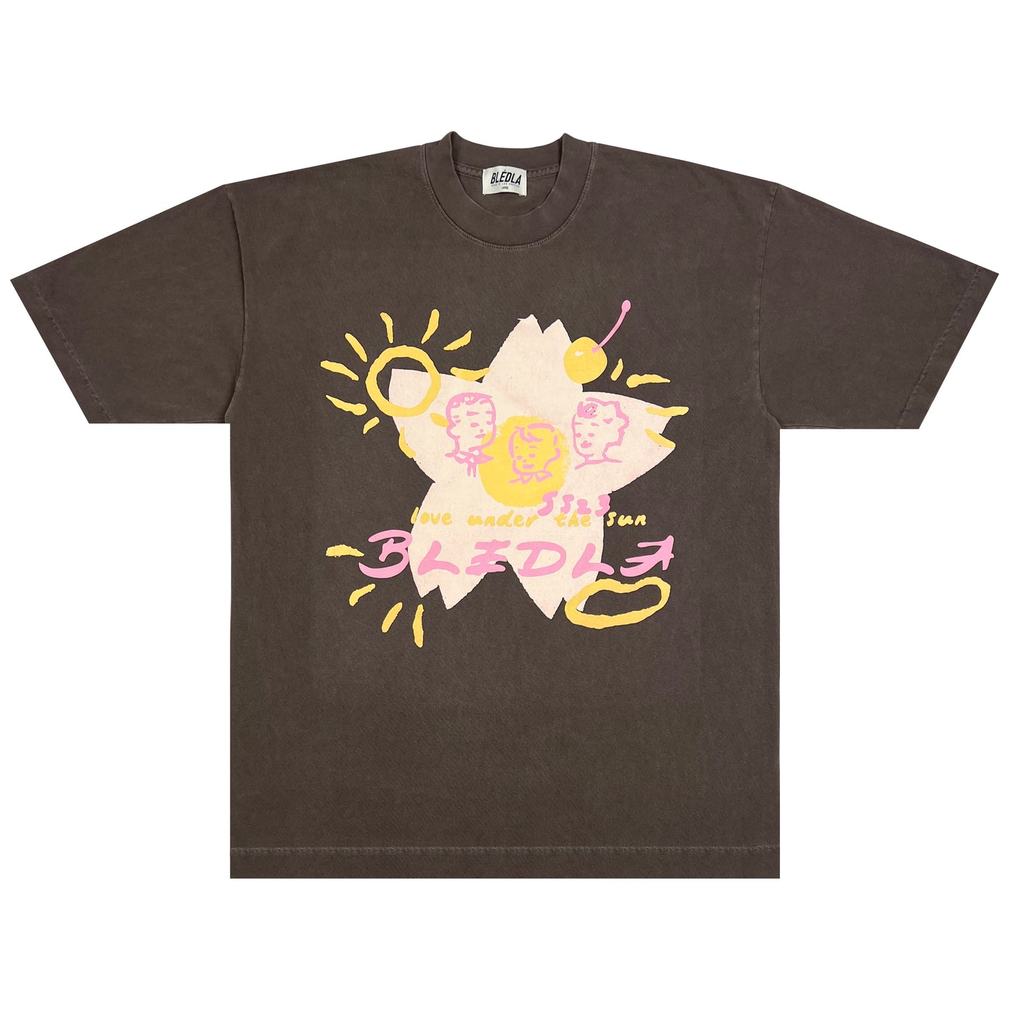 Bledla-bled-love under the sun-vintage graphic tee-vintage shirt-bled tee-vintage sun dye shirt-dark brown shirt-streetwear-bledla clothing-screen printed shirt