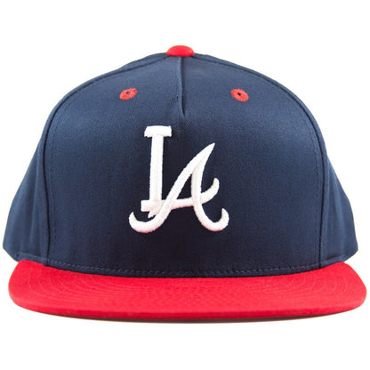 Five-panel navy & red cotton/poly snapback featuring custom A.T.L.A. design in 3D embroidery on crown and Bled logo on the back. Los Angeles Dodgers Atlanta Braves, skateboards, hype, streetwear