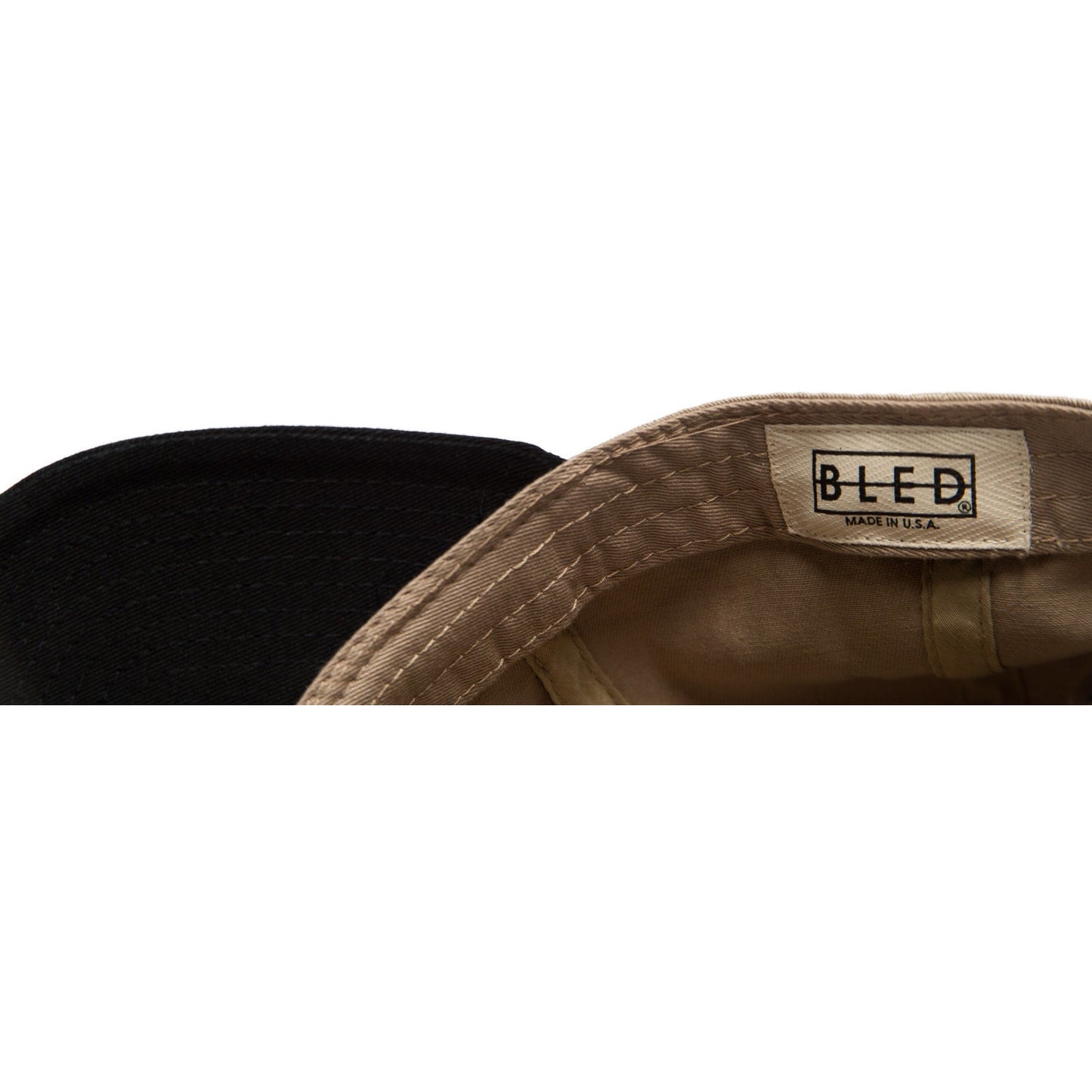6-panel unconstructed Cotton tan beige black dad hat featuring BLED letter logo felt patch on the front and BLED logo embroidered on the back with adjustable strap closure. skate, skateboarding, hype, streetwear