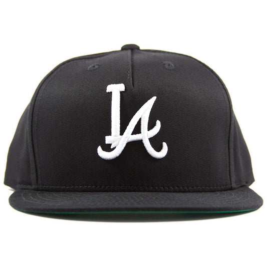 Five-panel black cotton/poly snapback featuring custom A.T.L.A. design in 3D embroidery on crown and Bled logo on the back. Los Angeles Dodgers Atlanta Braves, skateboards, hype, streetwear