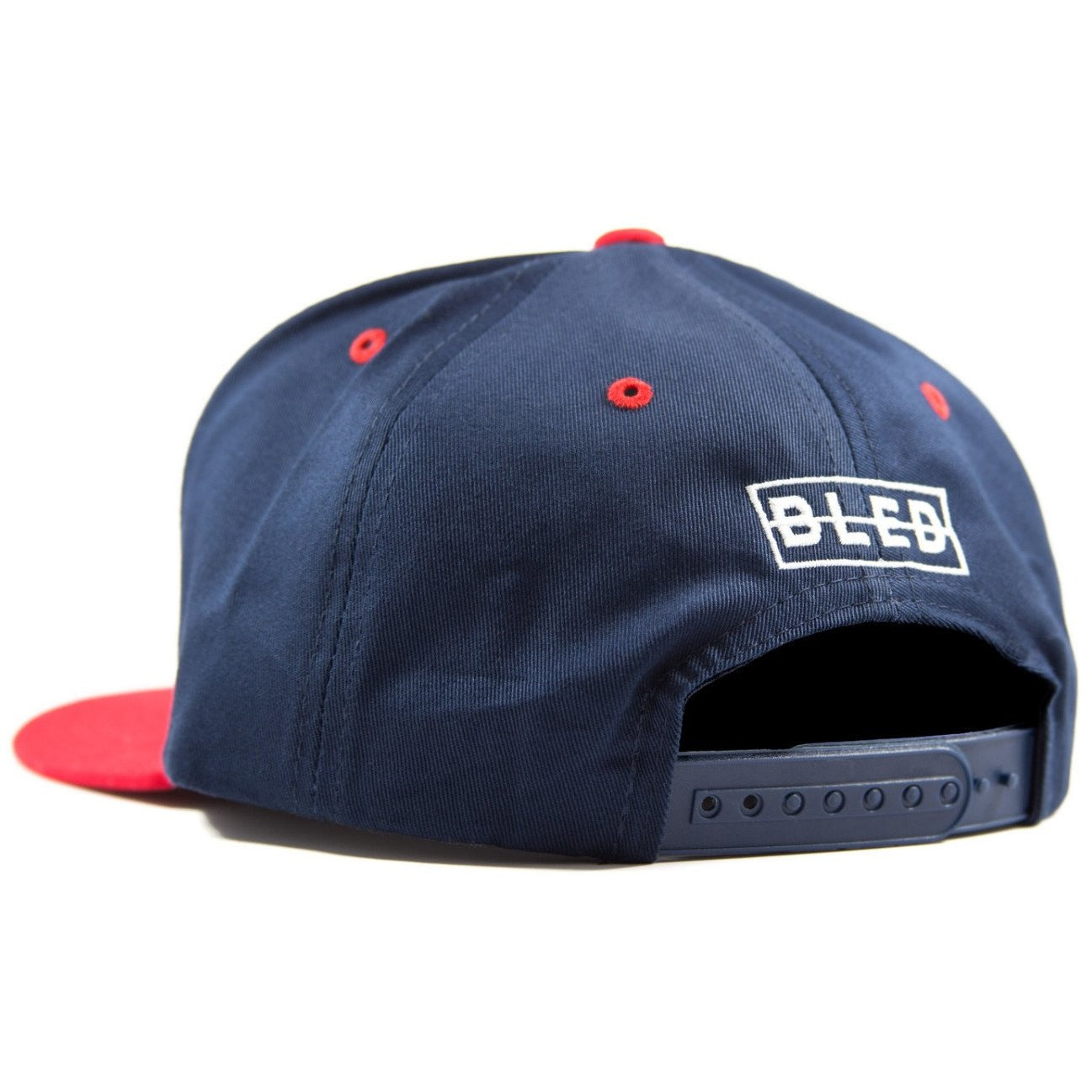 Five-panel navy & red cotton/poly snapback featuring custom A.T.L.A. design in 3D embroidery on crown and Bled logo on the back. Los Angeles Dodgers Atlanta Braves, skateboards, hype, streetwear