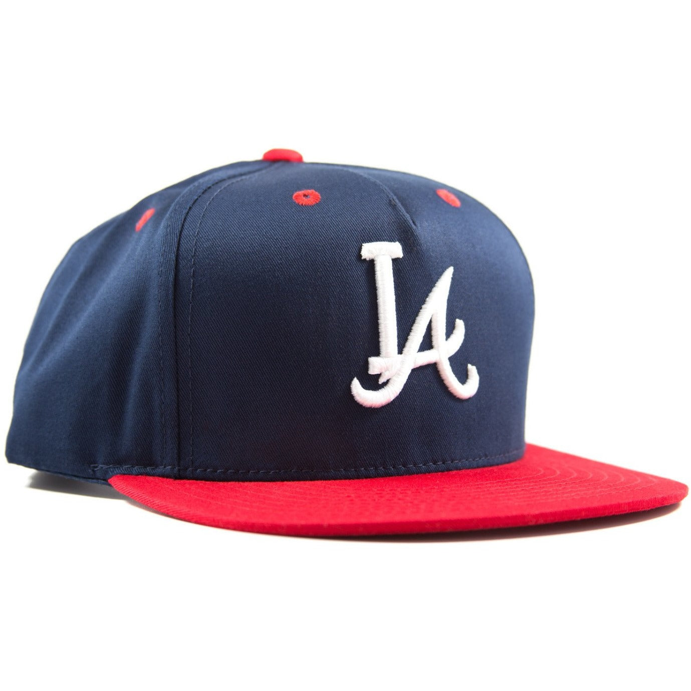 Five-panel navy & red cotton/poly snapback featuring custom A.T.L.A. design in 3D embroidery on crown and Bled logo on the back. Los Angeles Dodgers Atlanta Braves, skateboards, hype, streetwear