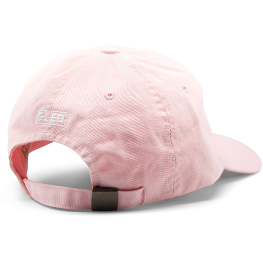 6-panel unconstructed 100% Cotton pink dad hat featuring evil eye embroidery on the front and Bled logo embroidered on the back. Third Eye Hat
