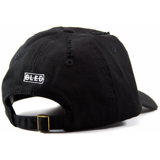 6-panel unconstructed 100% Cotton black distressed dad hat featuring evil eye embroidery on the front and Bled logo embroidered on the back. Third Eye Hat