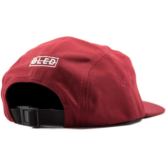 5-panel unconstructed mesh polyester burgundy hat featuring BLED letter logo felt patch on the front and BLED logo embroidered on the back with adjustable strap, skateboards, hype, skate, streetwear
