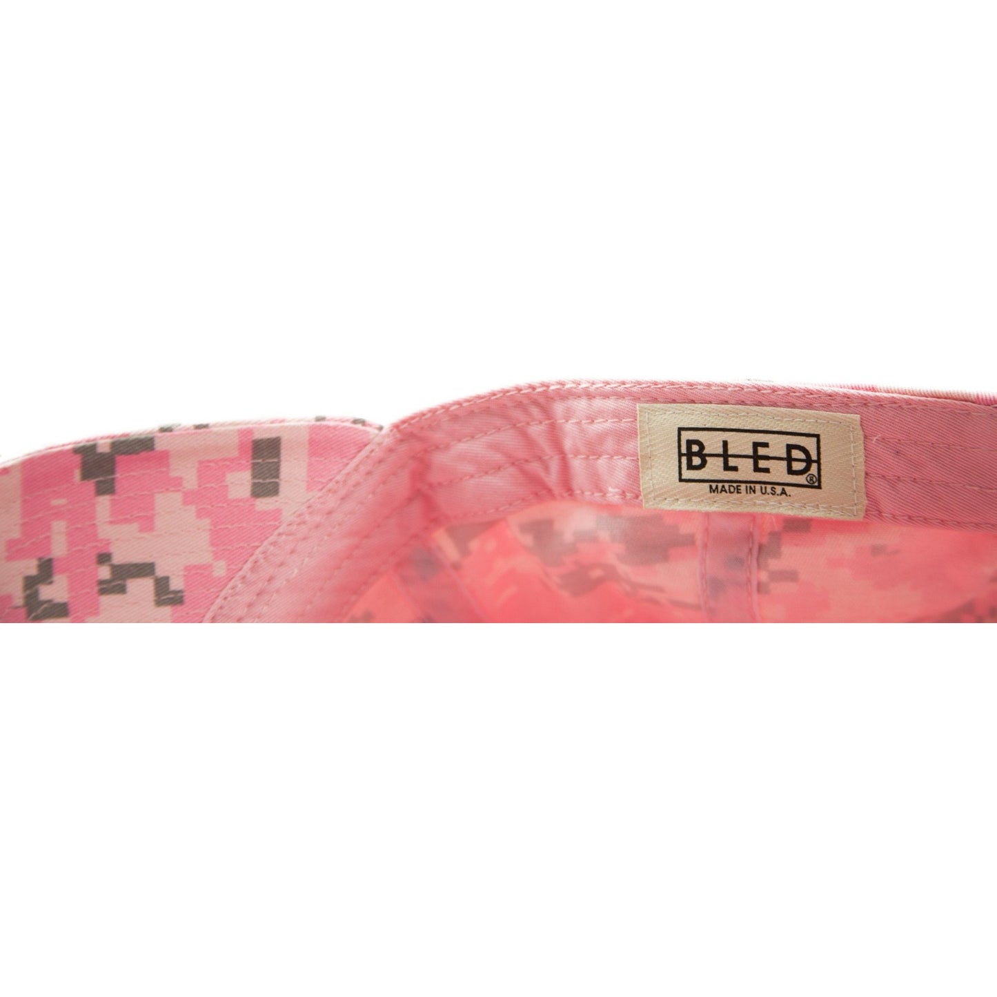 6-panel unconstructed Cotton digital pink dad hat featuring BLED letter logo felt patch on the front and BLED logo embroidered on the back with adjustable strap closure. skate, skateboarding, hype, streetwear
