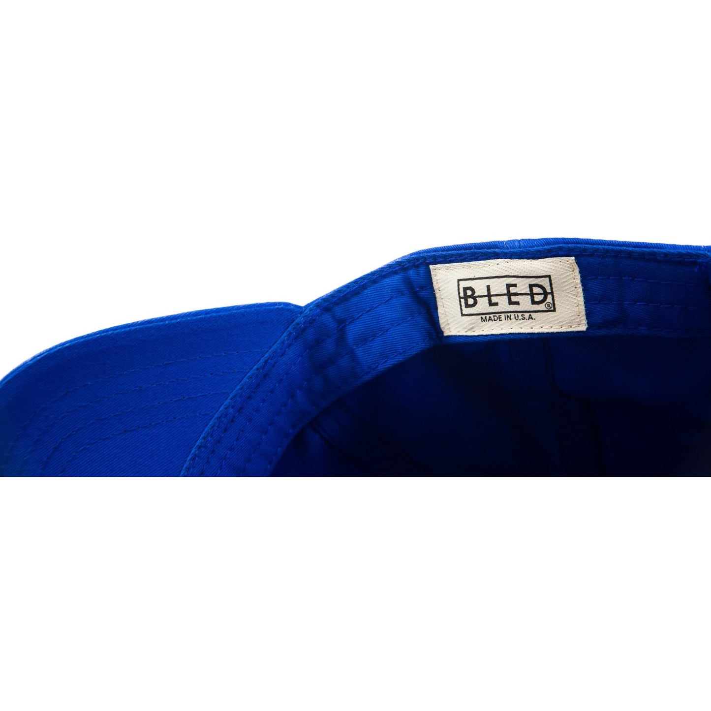 6-panel unconstructed Cotton royal blue dad hat featuring BLED letter logo felt patch on the front and BLED logo embroidered on the back with adjustable strap closure. skate, skateboarding, hype, streetwear