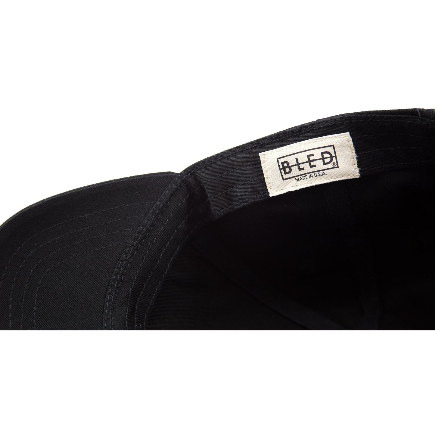 6-panel unconstructed Cotton black dad hat featuring BLED letter logo felt patch on the front and BLED logo embroidered on the back with adjustable strap closure. skate, skateboarding, hype, streetwear