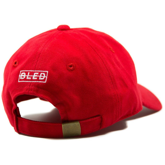 6-panel unconstructed Cotton red corduroy dad hat featuring BLED letter logo felt patch on the front and BLED logo embroidered on the back with adjustable strap closure. skate, skateboarding, hype, streetwear