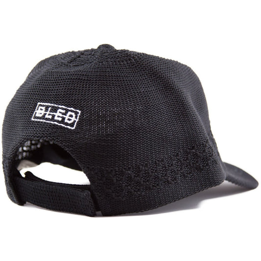 6-panel unconstructed Cotton african black mesh dad hat featuring BLED letter logo felt patch on the front and BLED logo embroidered on the back with adjustable strap closure. skate, skateboarding, hype, streetwear