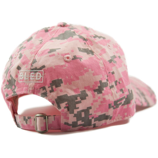 6-panel unconstructed Cotton digital pink dad hat featuring BLED letter logo felt patch on the front and BLED logo embroidered on the back with adjustable strap closure. skate, skateboarding, hype, streetwear
