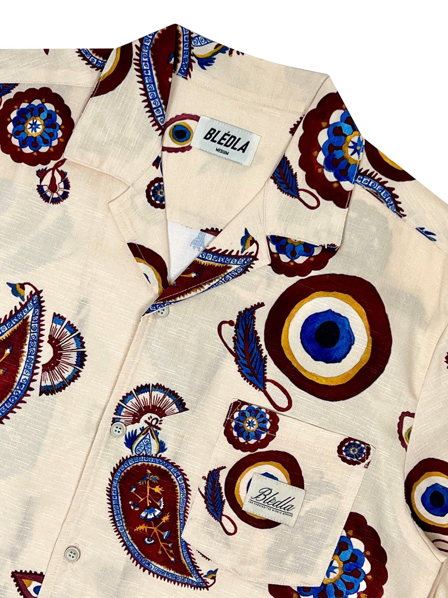 BLEDLA-Evil Eye Shirt-Nazar Shirt-Persian Paisley Shirt-Vacation Shirt-Cream Vacation Shirt-Evil Eye Bowling Shirt-Evil Eye Button Up Shirt-BLED