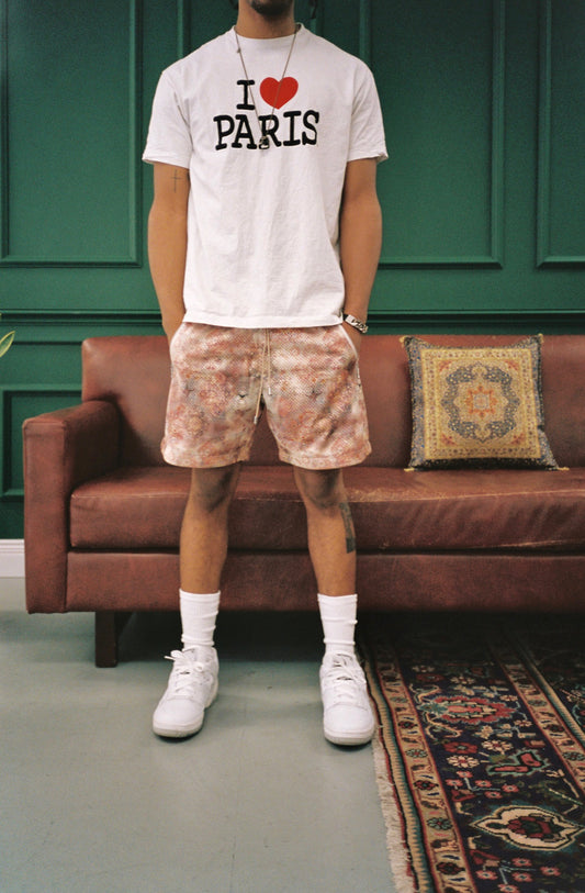 BLEDLA-Persian Shorts-Highend Fashion-BLED Persian Rug Shorts-Persian Basketball Mesh Shorts-Persian Basketball Shorts-Persian Rug Short-Motif Shorts-Distressed Shorts-Washed Rug Bottoms-Luxury Mens Shorts-BLED Los Angeles-Streetwear-Essential Short-Rose Shorts