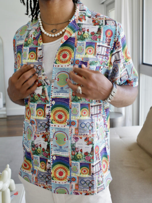 BLEDLA-Vintage Iran Shirt-Persian Shirt-Iranian Stamp Shirt-Vintage Persian Vacation Shirt-Psychedelic Vacation Shirt-Psychedelic Persian Bowling Shirt-BLED