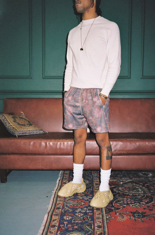 BLEDLA Shorts-Persian Shorts-BLED Persian Rug Shorts-Persian Basketball Mesh Shorts-Persian Basketball Shorts-Motif Shorts-Distressed Shorts-Washed Rug Bottoms-Luxury Mens Shorts-BLED Los Angeles-Streetwear-Essential Short-Charcoal Shorts