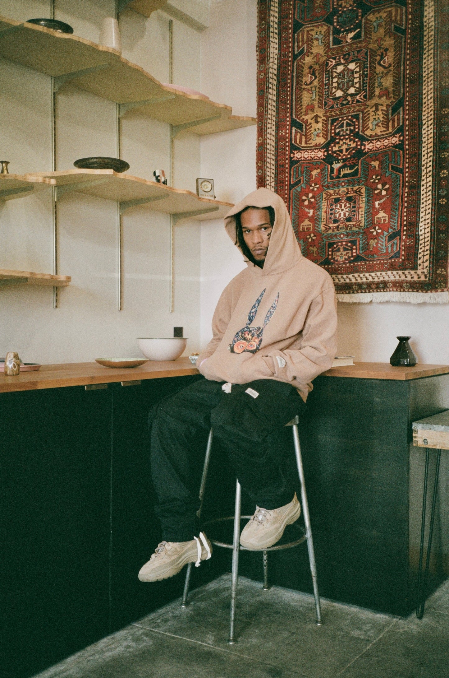 Bledla Hoodie-Bled Hoodie-Persian Hoodie-Persian Rug Hoodie-Iran Motif Hoodie-Beige Hoodie-Streetwear Hoodie-Iranian Hoodie-Bunny Mask Hoodie-Fleece Pull Over