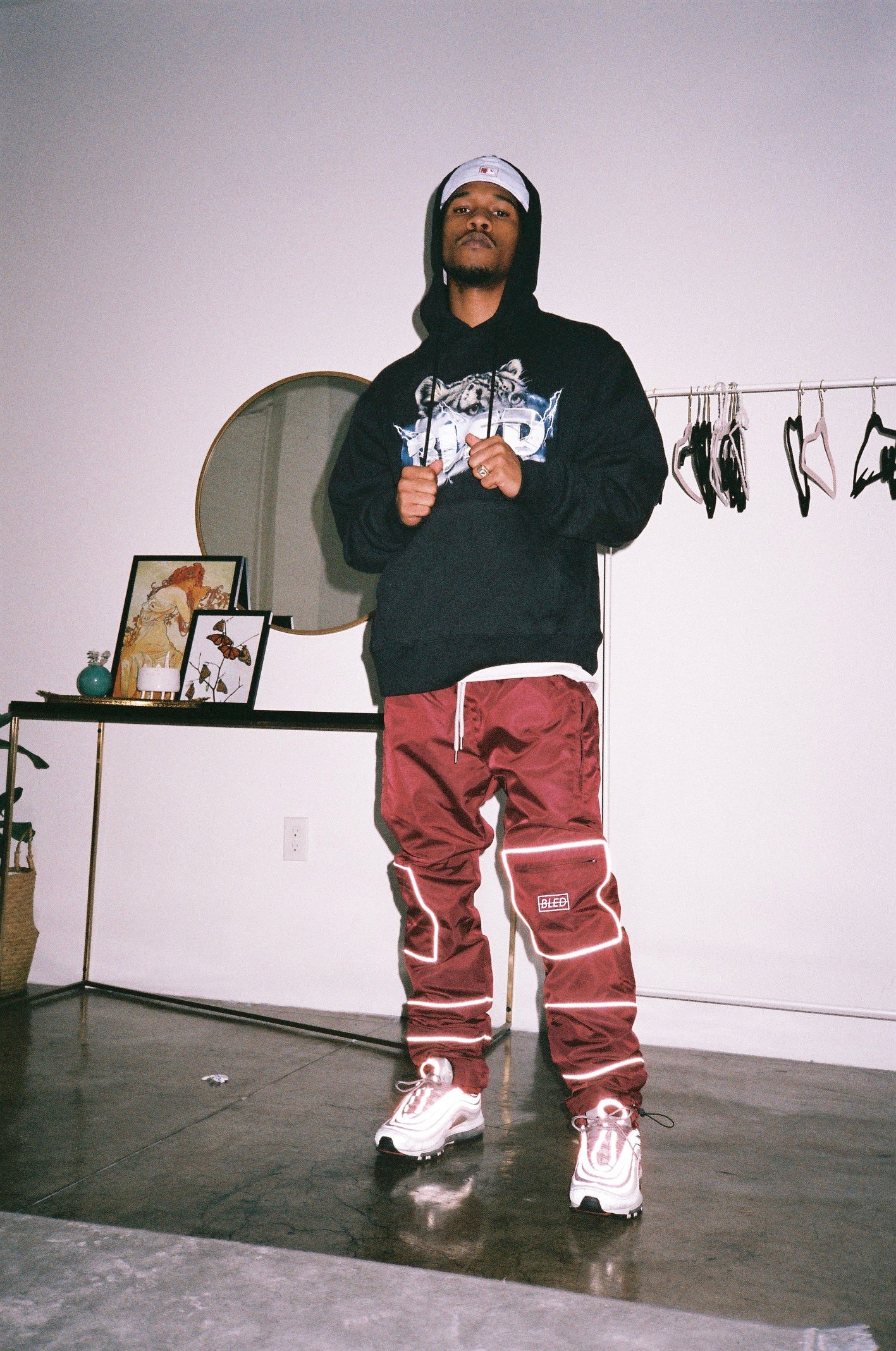 bled clothing, reflective pant, reflective track pant, bled pant, 3m pant, track pants, streetwear, reflective trousers, reflective sweatpant, hypebeast, bled fashion, bled los angeles, burgundy