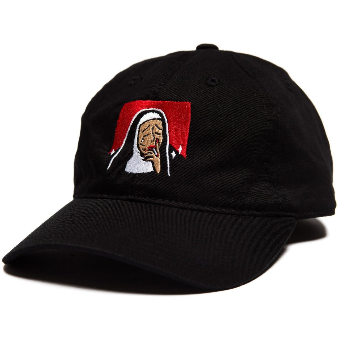 6-panel unconstructed Cotton black cap featuring Bad Nun design embroidery on the front and Bled embroidered on the side. Smoking Nun, Sin, Hat, skateboards, hype, skate, streetwear