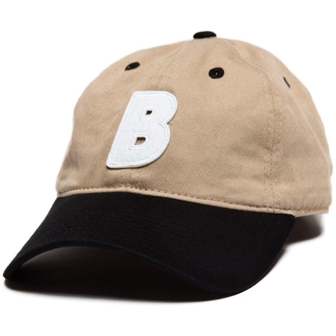6-panel unconstructed Cotton tan beige black dad hat featuring BLED letter logo felt patch on the front and BLED logo embroidered on the back with adjustable strap closure. skate, skateboarding, hype, streetwear