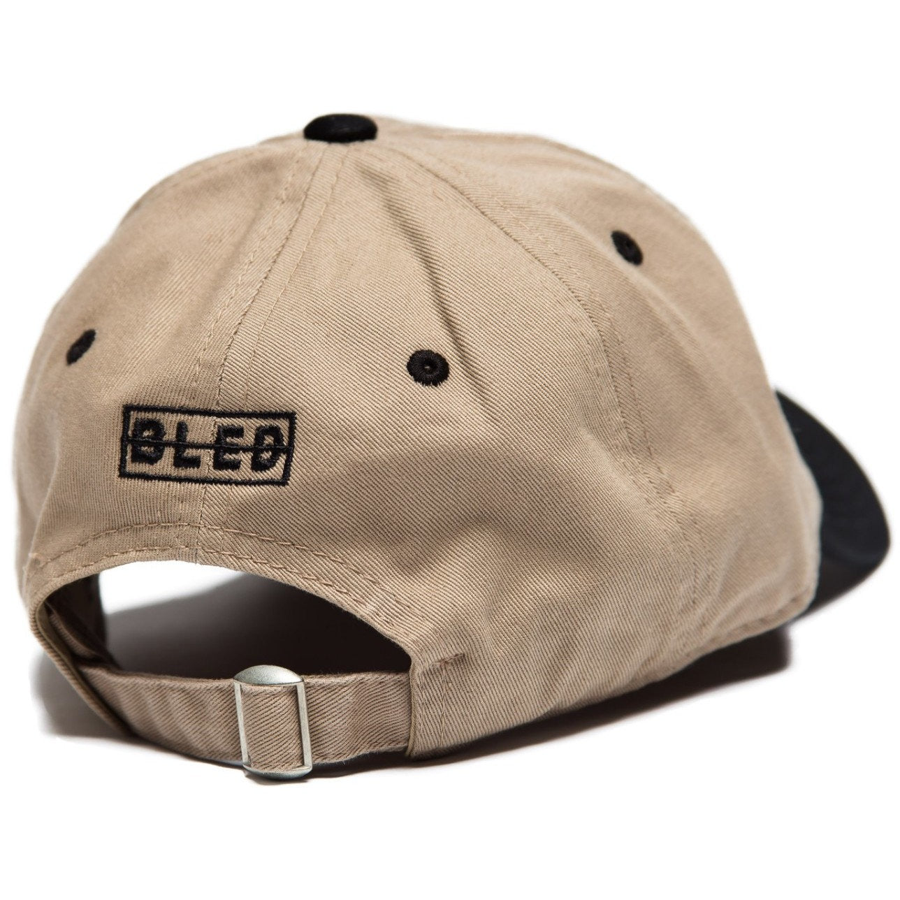 6-panel unconstructed Cotton tan beige black dad hat featuring BLED letter logo felt patch on the front and BLED logo embroidered on the back with adjustable strap closure. skate, skateboarding, hype, streetwear