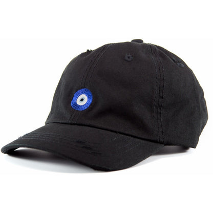 6-panel unconstructed 100% Cotton black distressed dad hat featuring evil eye embroidery on the front and Bled logo embroidered on the back. Third Eye Hat