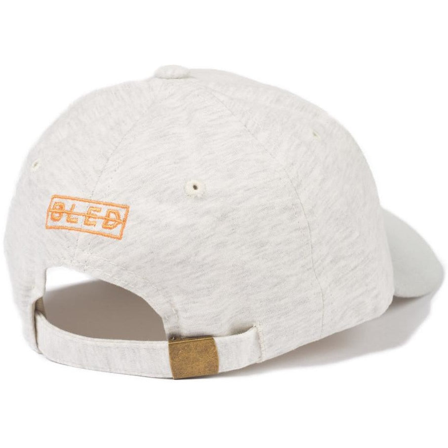 6-panel unconstructed Cotton heather grey jersey dad hat featuring BLED letter logo felt patch on the front and BLED logo embroidered on the back with adjustable strap closure. skate, skateboarding, hype, streetwear