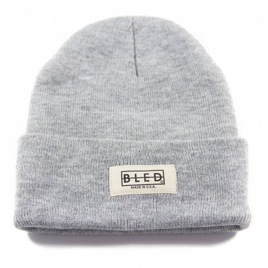 100% acrylic beanie in heather grey featuring twill Bled label on the front, skateboards, skate, hype, streetwear, skateboarding
