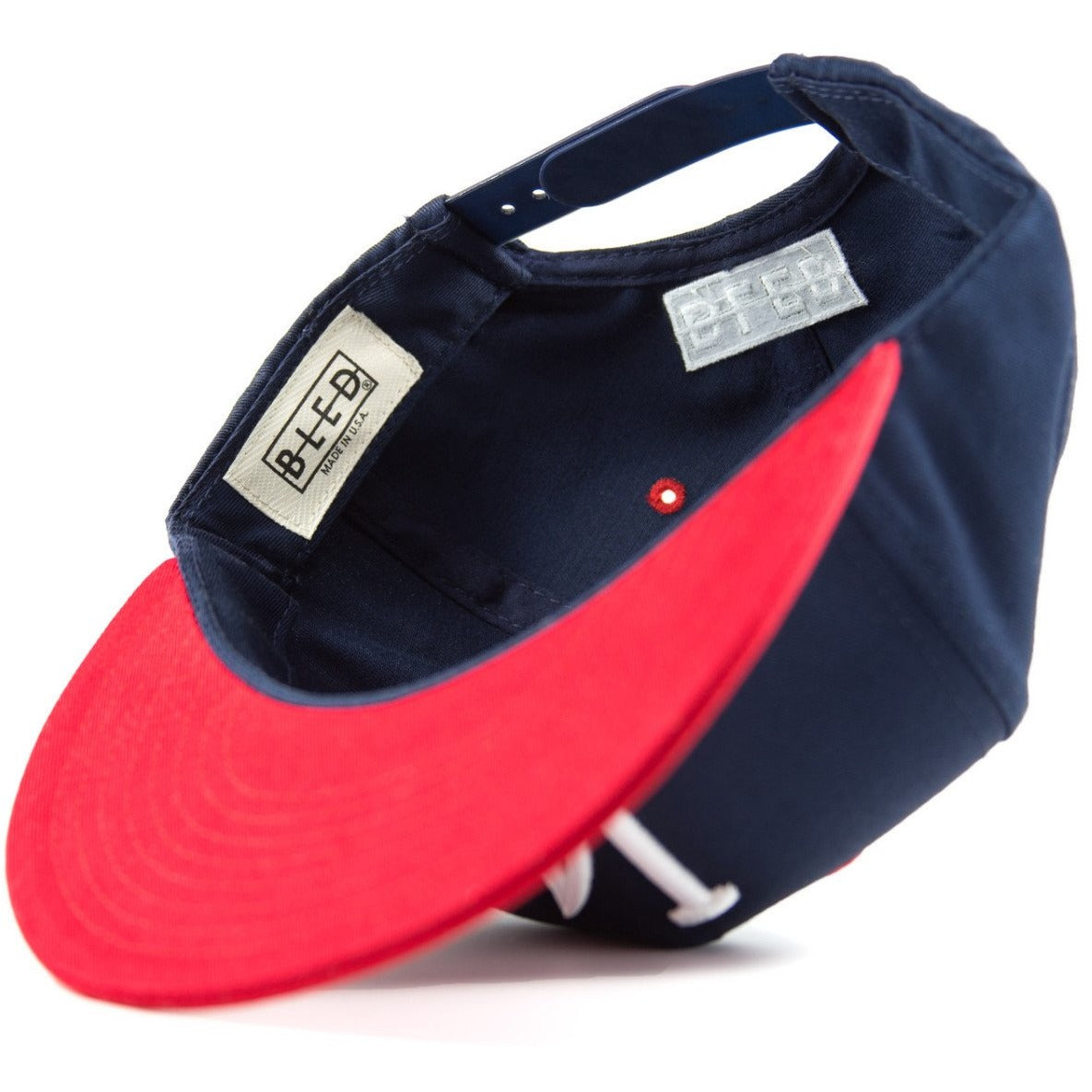 Five-panel navy & red cotton/poly snapback featuring custom A.T.L.A. design in 3D embroidery on crown and Bled logo on the back. Los Angeles Dodgers Atlanta Braves, skateboards, hype, streetwear