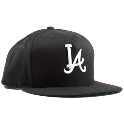 Five-panel black cotton/poly snapback featuring custom A.T.L.A. design in 3D embroidery on crown and Bled logo on the back. Los Angeles Dodgers Atlanta Braves, skateboards, hype, streetwear