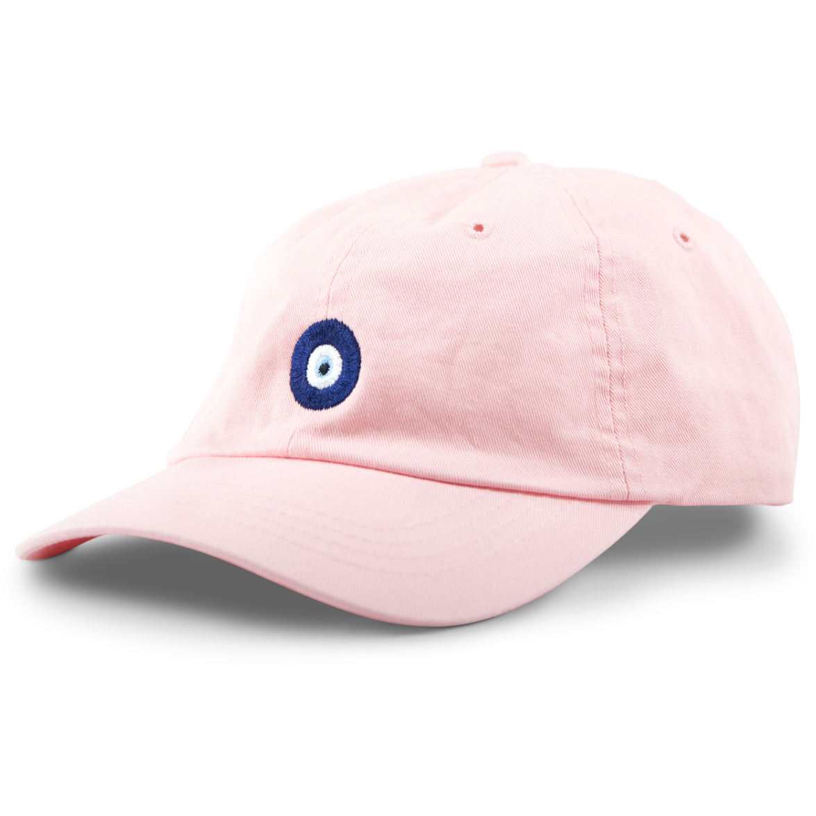 6-panel unconstructed 100% Cotton pink dad hat featuring evil eye embroidery on the front and Bled logo embroidered on the back. Third Eye Hat