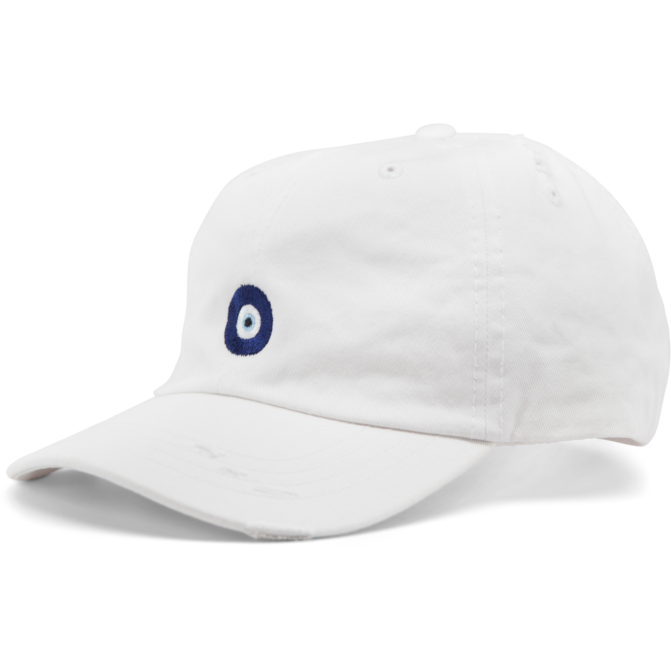 6-panel unconstructed 100% Cotton white dad hat featuring evil eye embroidery on the front and Bled logo embroidered on the back. Third Eye Hat