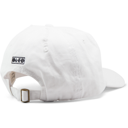 6-panel unconstructed 100% Cotton white dad hat featuring evil eye embroidery on the front and Bled logo embroidered on the back. Third Eye Hat