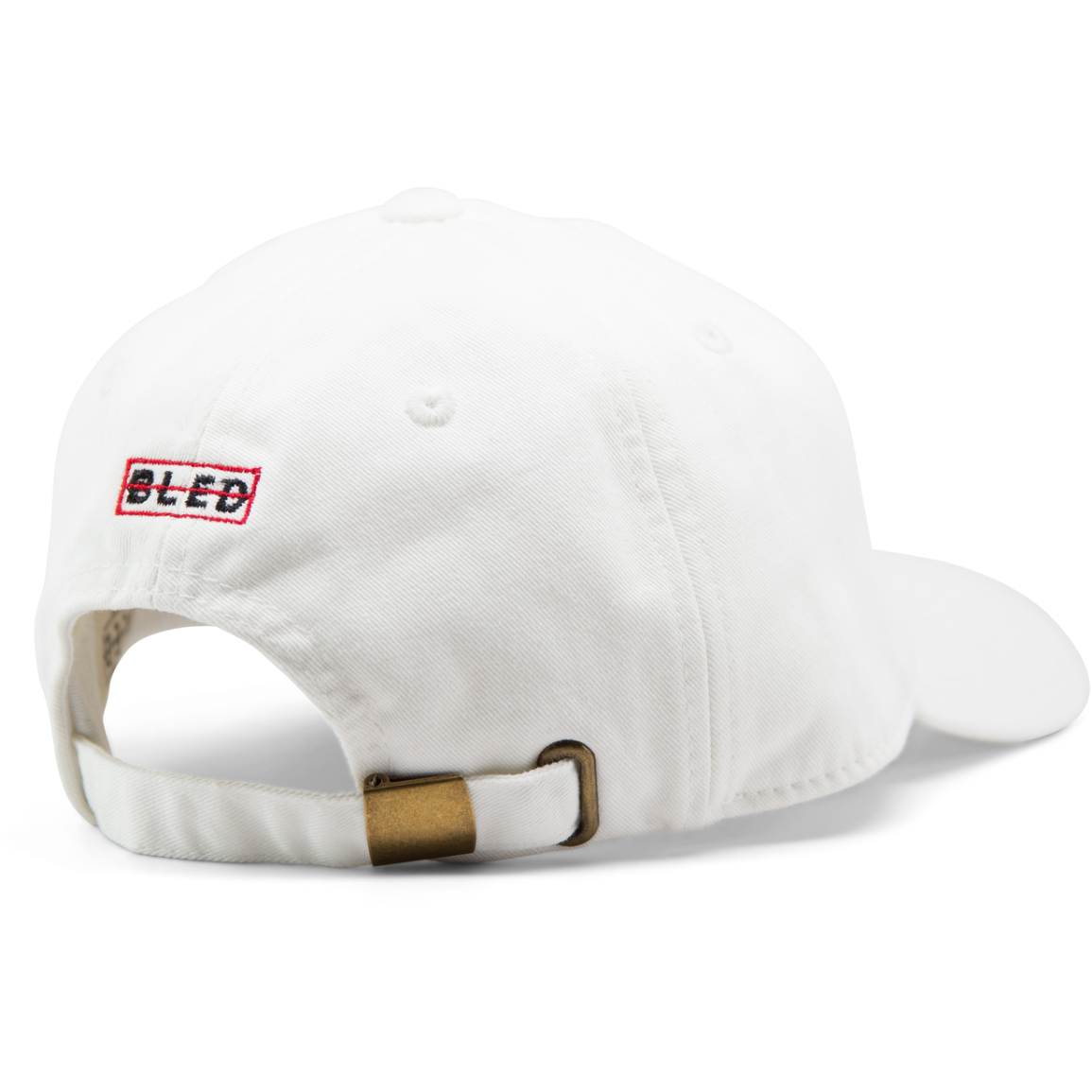 6-panel unconstructed 100% Cotton white dad hat featuring Levels design embroidery on the front and Bled logo embroidered on the back with adjustable strap closure.