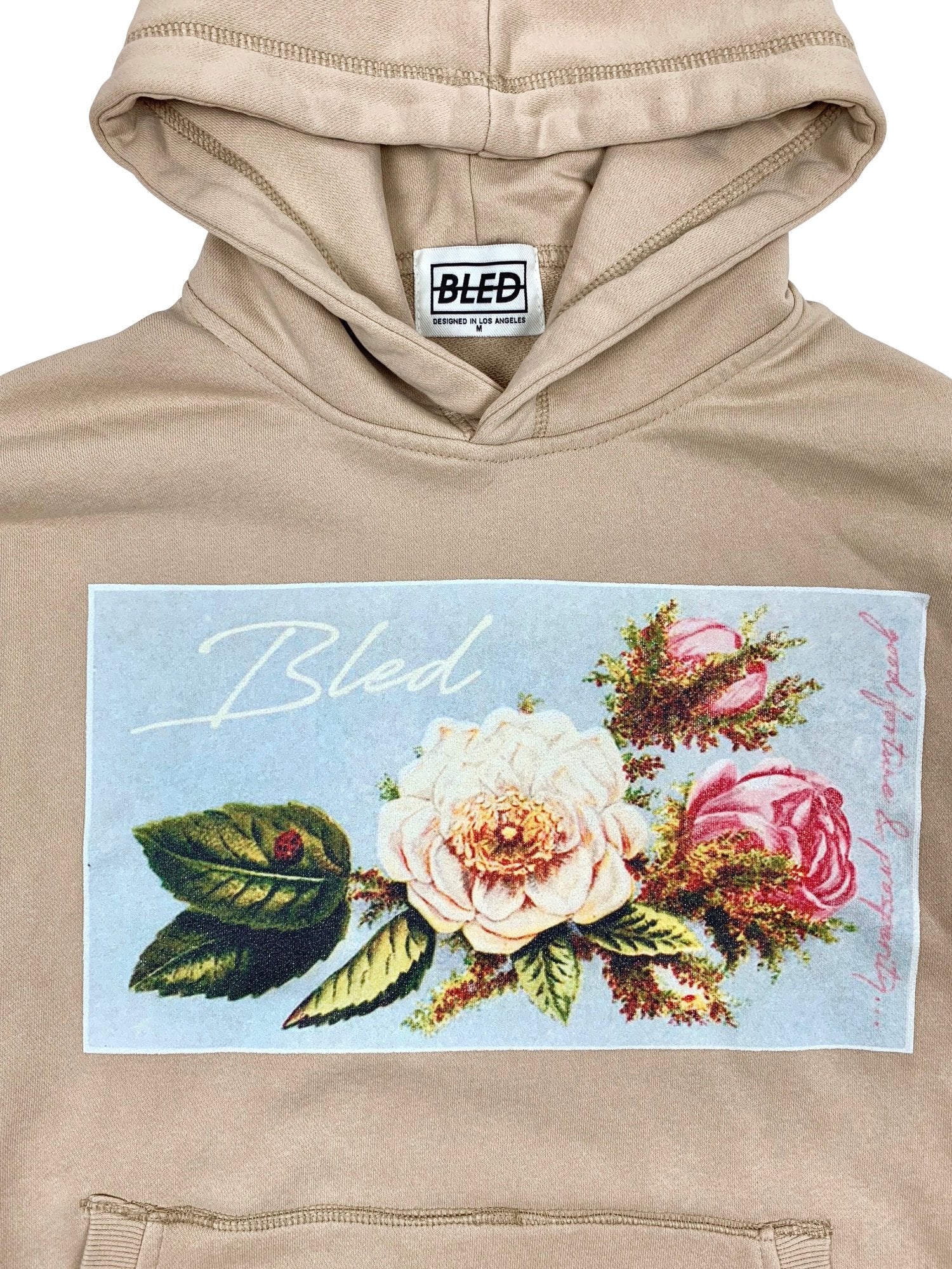 bled clothing bledwear good fortune prosperity floral flower ladybug stonewash hoodie beige tan streetwear hype mens