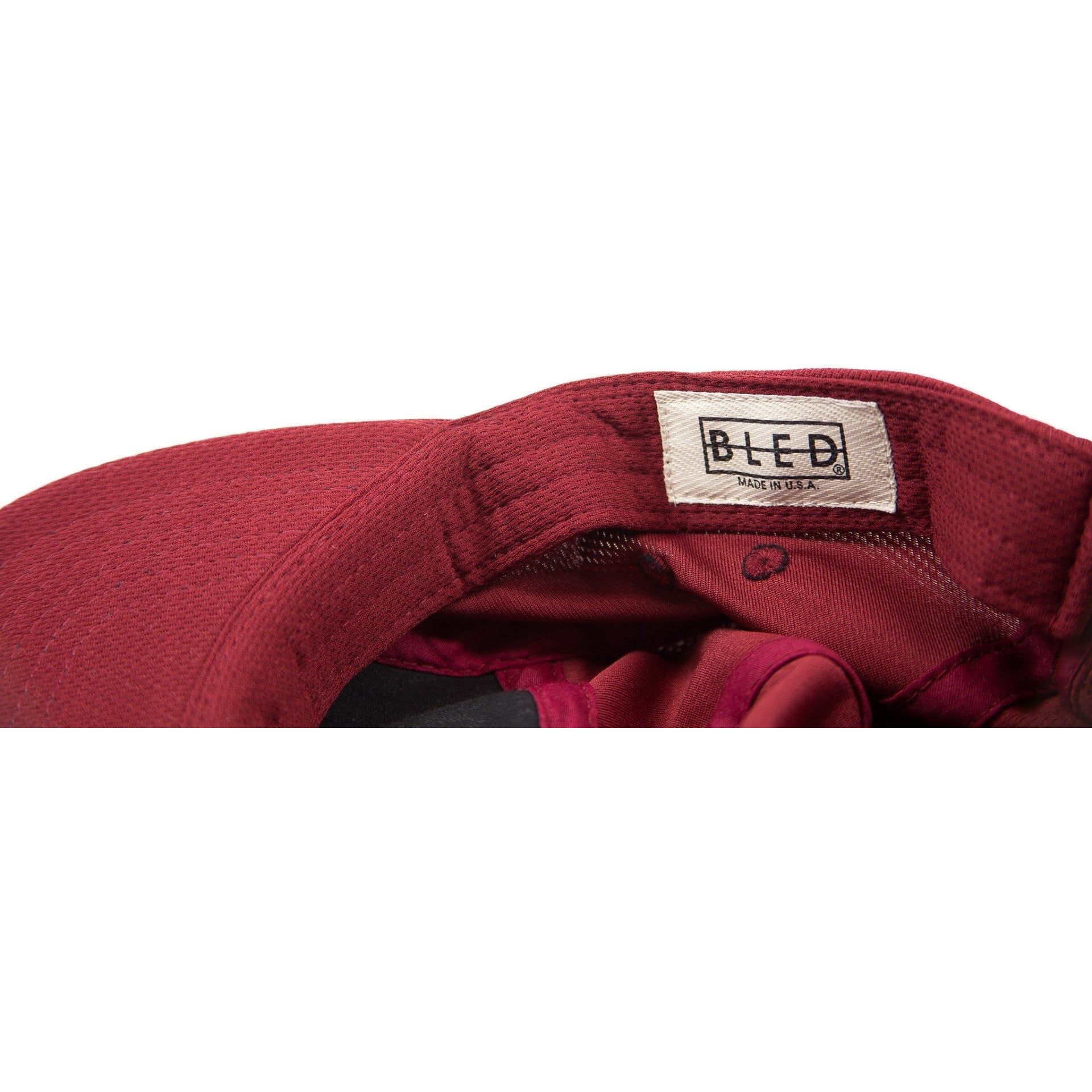 5-panel unconstructed mesh polyester burgundy hat featuring BLED letter logo felt patch on the front and BLED logo embroidered on the back with adjustable strap, skateboards, hype, skate, streetwear