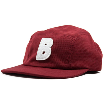5-panel unconstructed mesh polyester burgundy hat featuring BLED letter logo felt patch on the front and BLED logo embroidered on the back with adjustable strap, skateboards, hype, skate, streetwear