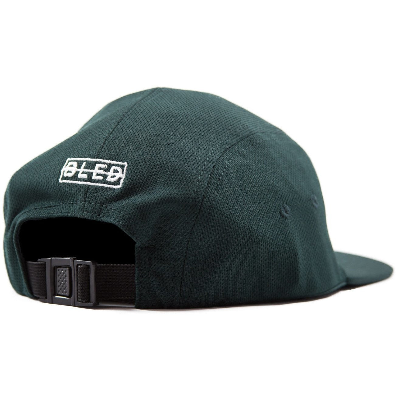 5-panel unconstructed mesh polyester green hat featuring BLED letter logo felt patch on the front and BLED logo embroidered on the back with adjustable strap, skateboards, hype, skate, streetwear