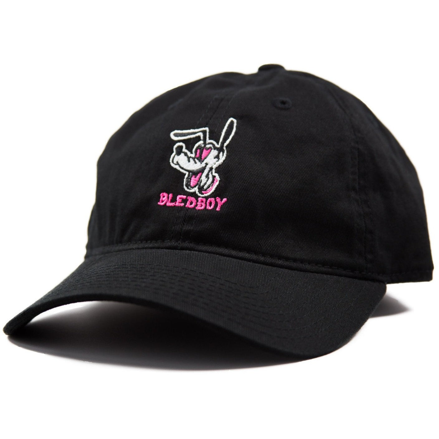 6-panel unconstructed 100% Cotton black dad hat featuring BLEDBOY design on front and pink Bled logo on the back with adjustable strap closure. Pluto Cartoon