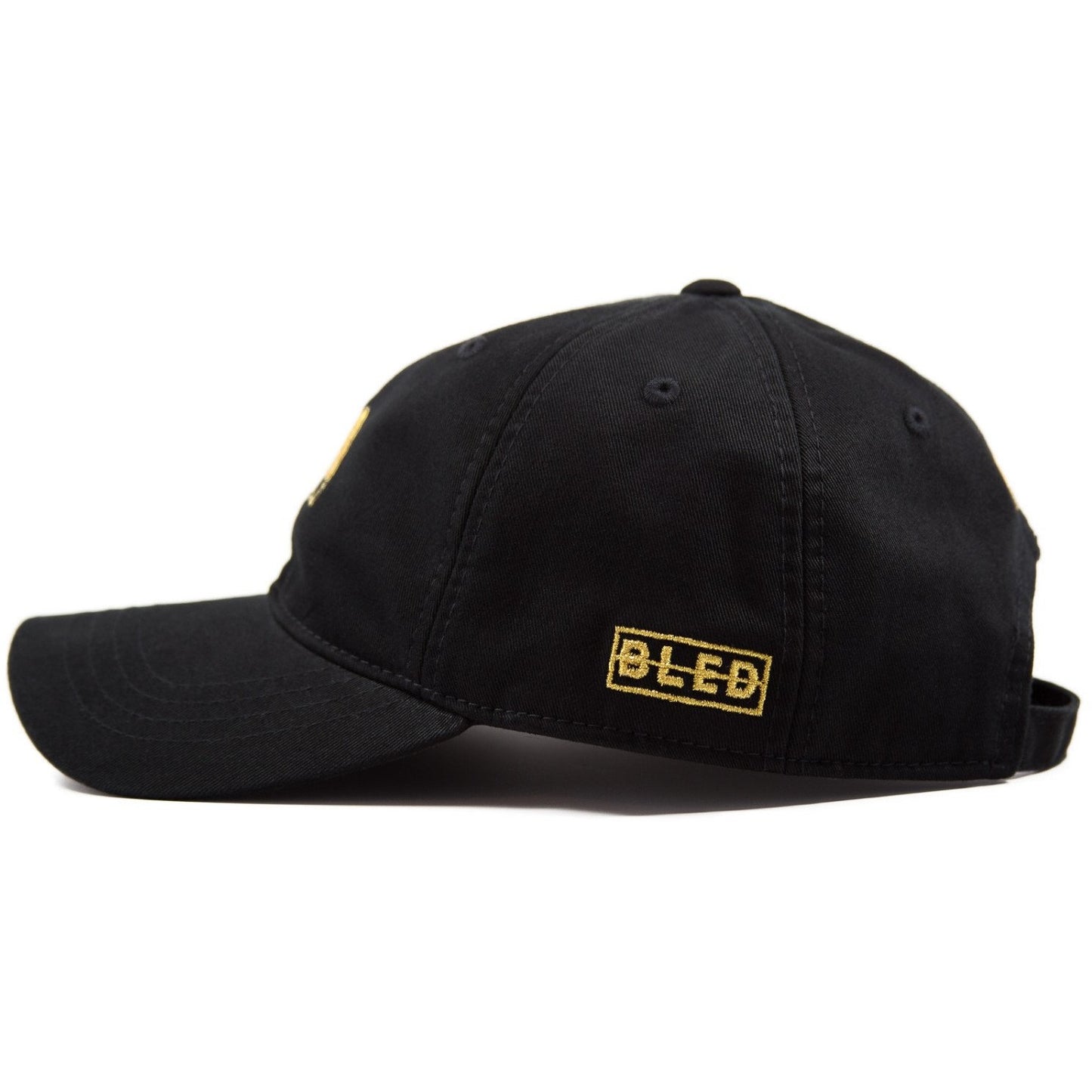 6-panel unconstructed 100% Cotton black dad hat featuring Levels design embroidery on the front and Bled logo embroidered on the back gold with adjustable strap closure.