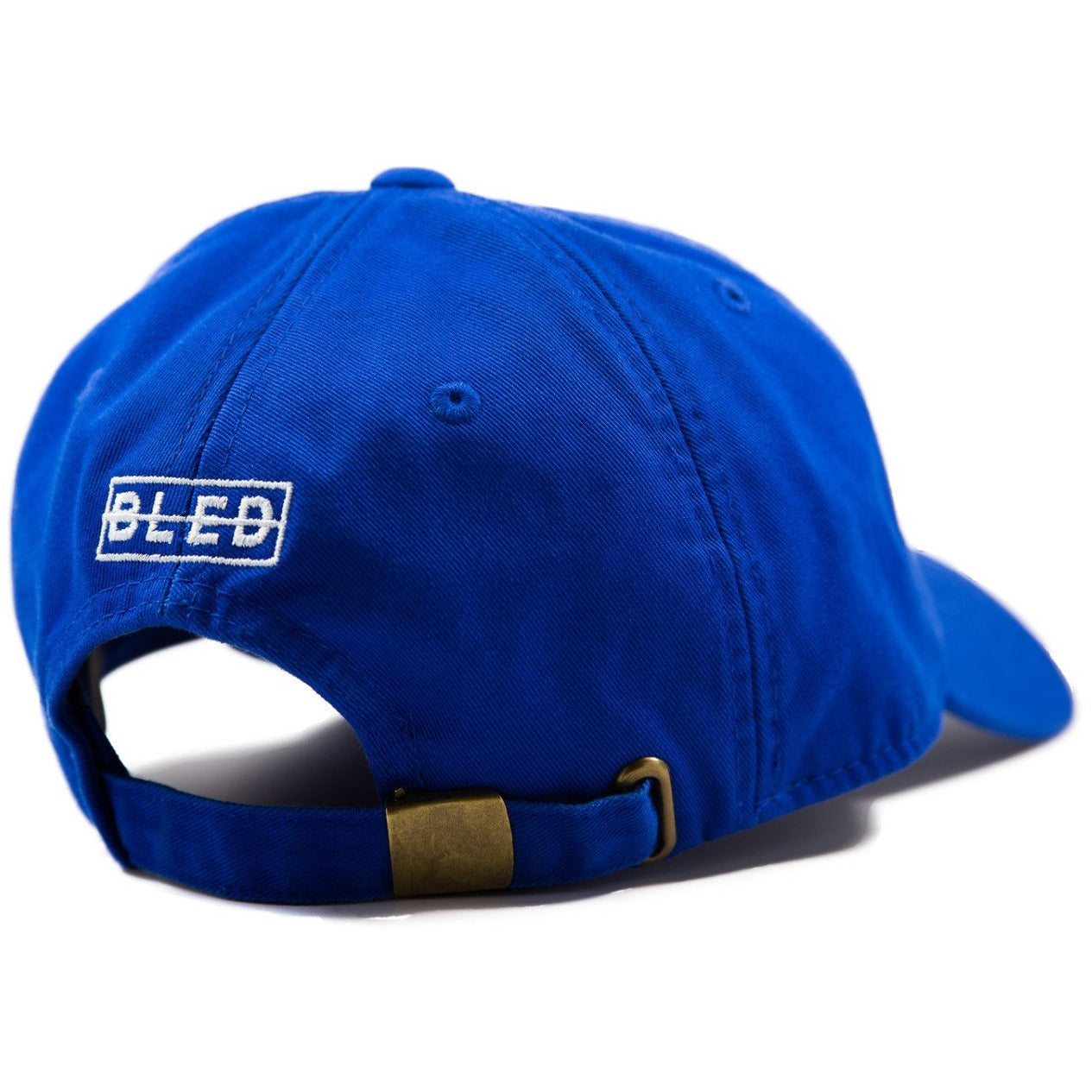 6-panel unconstructed Cotton royal blue dad hat featuring BLED letter logo felt patch on the front and BLED logo embroidered on the back with adjustable strap closure. skate, skateboarding, hype, streetwear