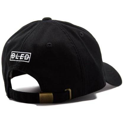6-panel unconstructed Cotton black dad hat featuring BLED letter logo felt patch on the front and BLED logo embroidered on the back with adjustable strap closure. skate, skateboarding, hype, streetwear