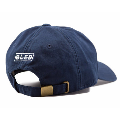 6-panel unconstructed Cotton navy dad hat featuring BLED letter logo felt patch on the front and BLED logo embroidered on the back with adjustable strap closure. skate, skateboarding, hype, streetwear