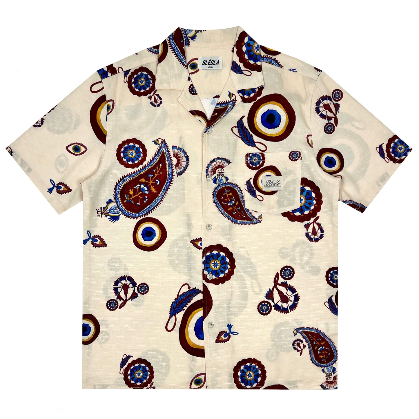 BLEDLA-Evil Eye Shirt-Nazar Shirt-Persian Paisley Shirt-Vacation Shirt-Cream Vacation Shirt-Evil Eye Bowling Shirt-Evil Eye Button Up Shirt-BLED